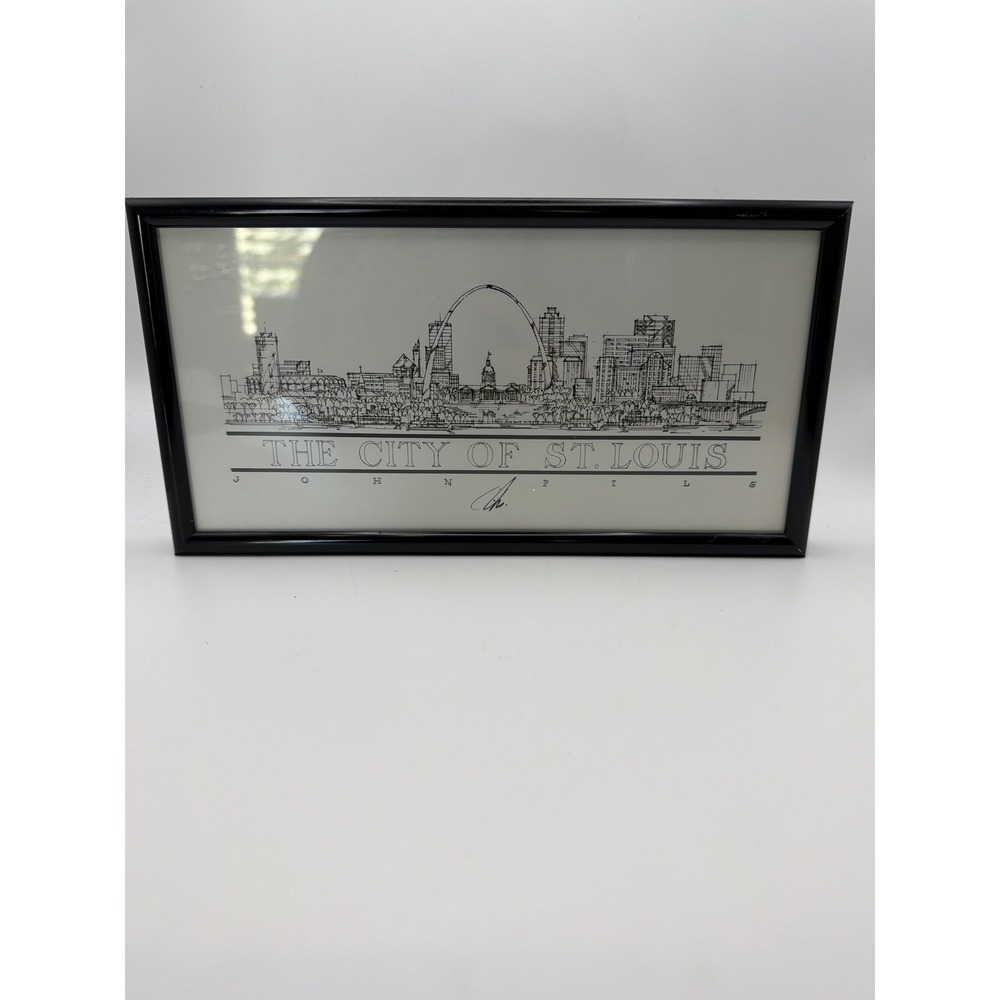 Vintage 1991 John Pils St. Louis Skyline Sketch Framed Art Print 9x5 Missouri